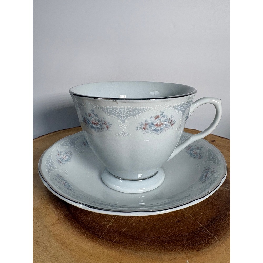 Vintage Porcelain Tea Cup and Saucer Set Blue Floral Silver Rim Made in China